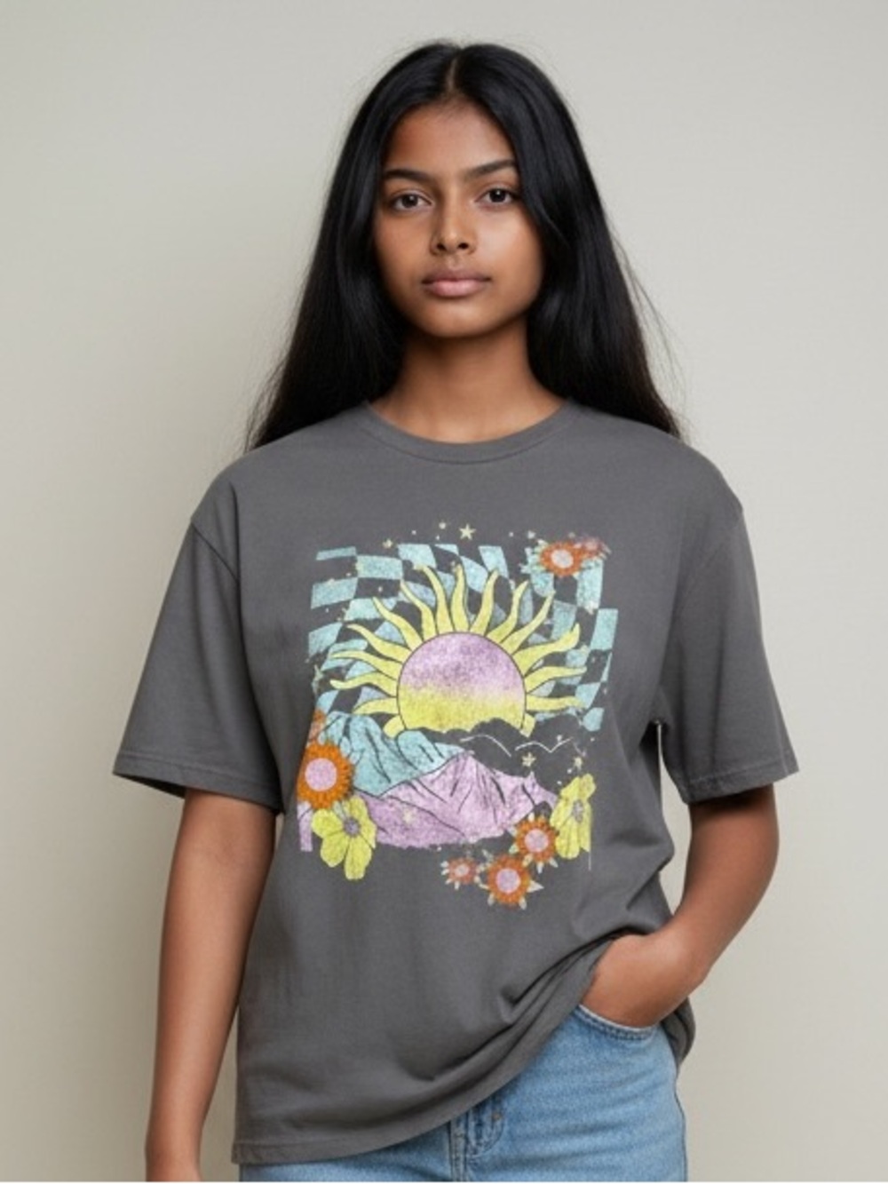 MIGHTY FINE Sun and Mountains Graphic Tee M 19” p2p Gray EUC